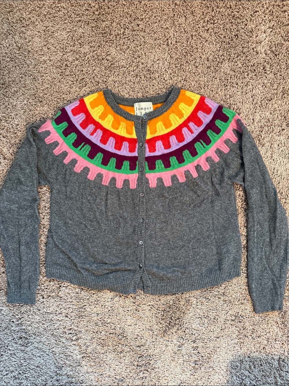 Jumper 1234 Charcoal Cardigan with Multicolor Fair Isle Yoke